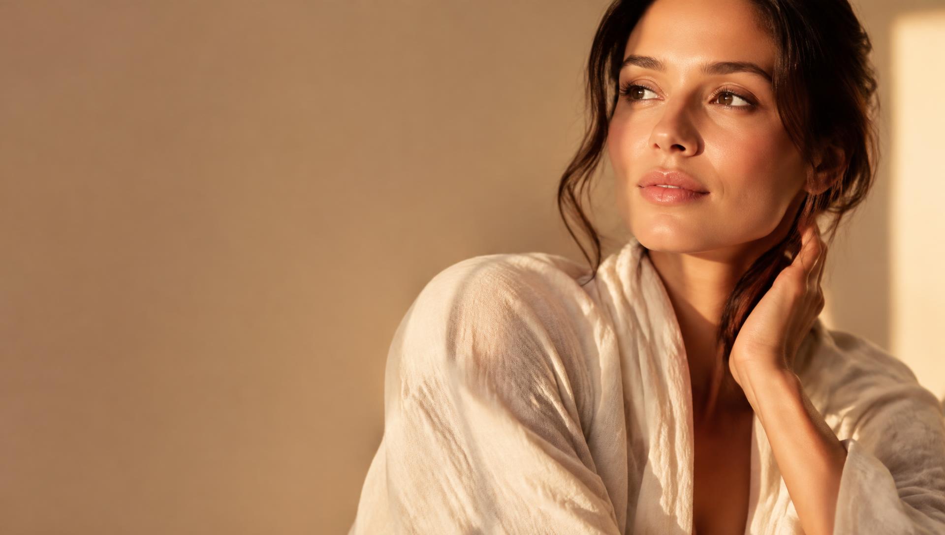 Woman with radiant skin in soft warm light